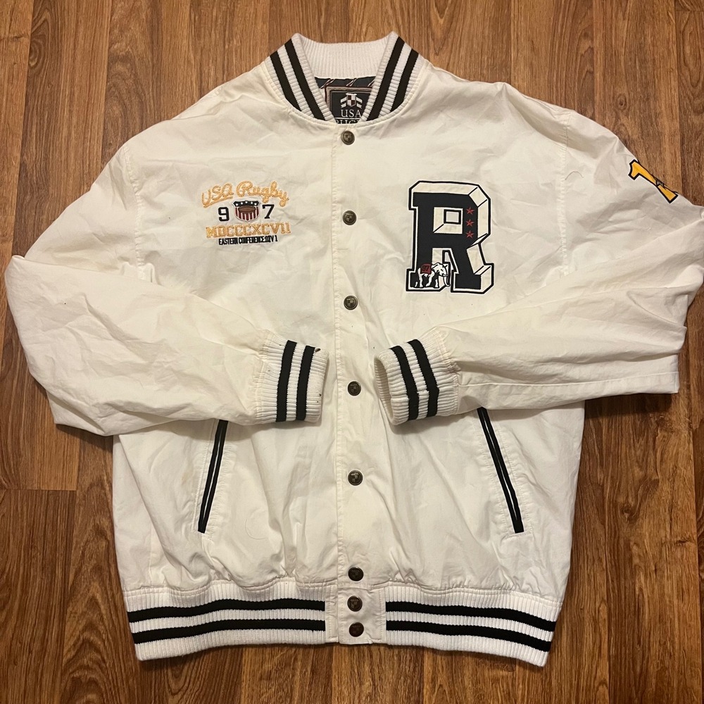 USA Rugby Jacket Mens 4XL White Varsity Bomber Embroidered Crests Snap‎ Front